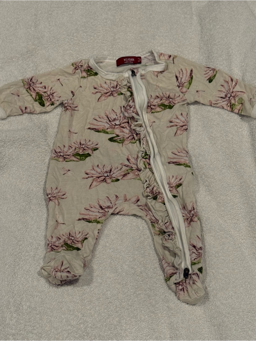 Milkbarn Cream Floral Footed Sleeper Pink Lily Pads Frogs 0-3m Bamboo Ruffles